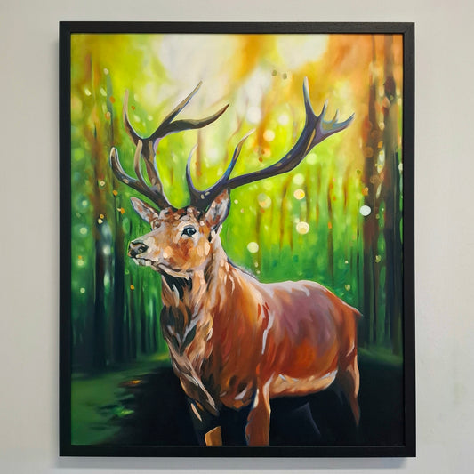 Painting of red stag with forest in the background. Depicted close to the viewers, the stags legs merge with the shadows of the forest floor 