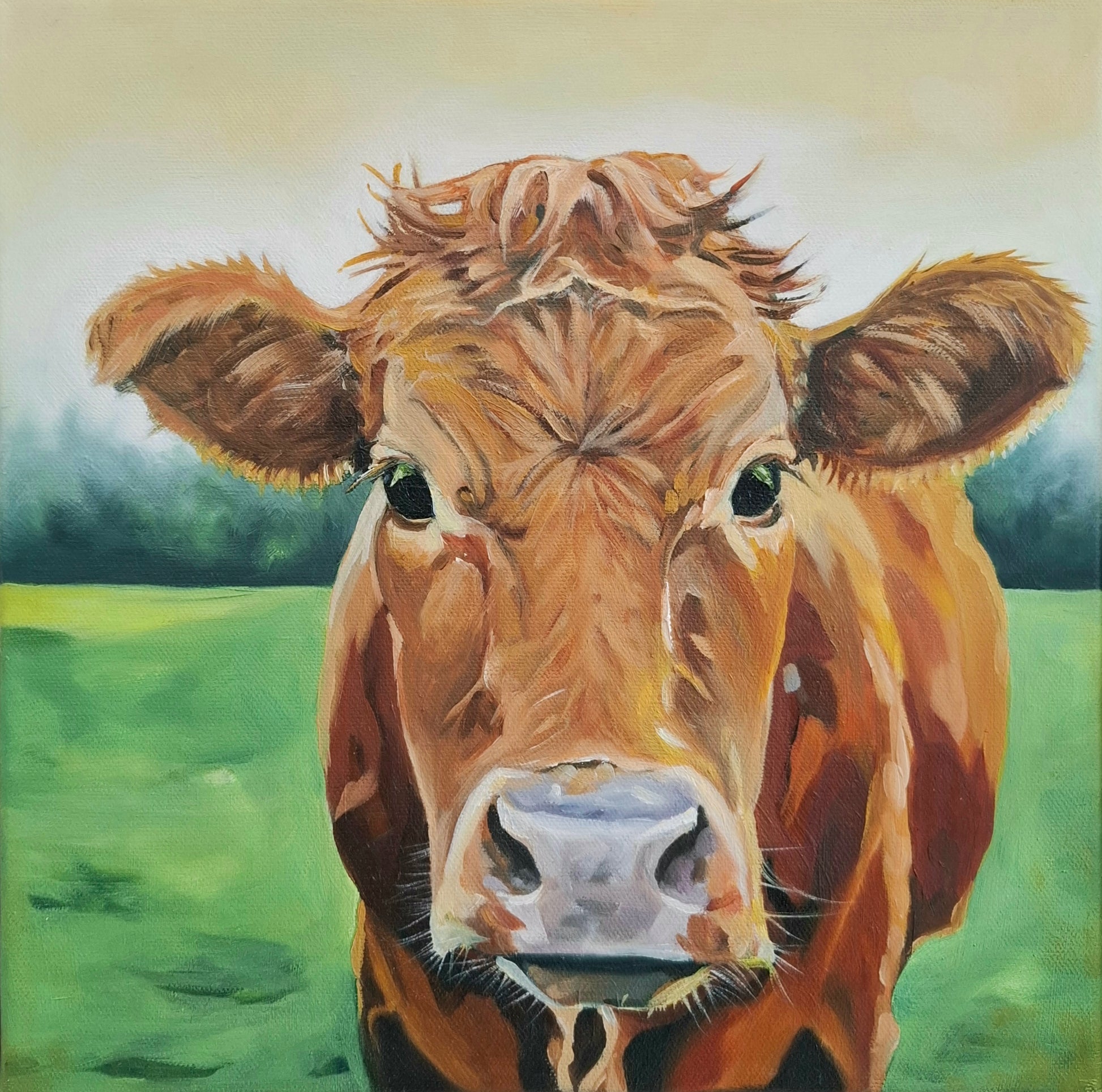 Oil painting. Close up of red cow with curious eyes looking straight at camera. Trees out of focus in distance 