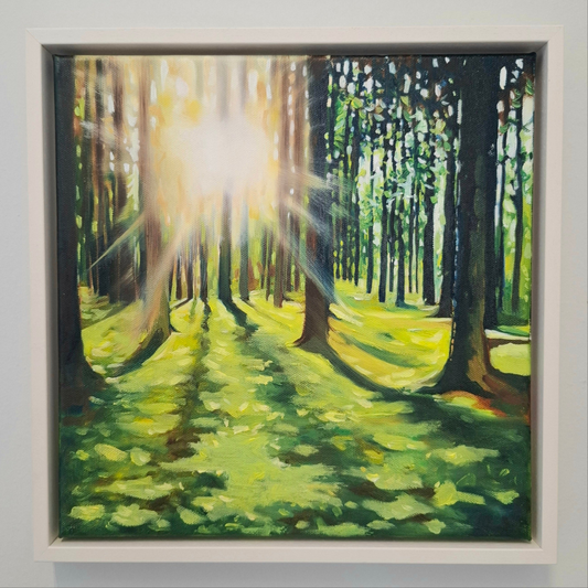 Oil painting. Low sun setting through some trees in a dense forest.  The sun casts long shadows in the foreground.